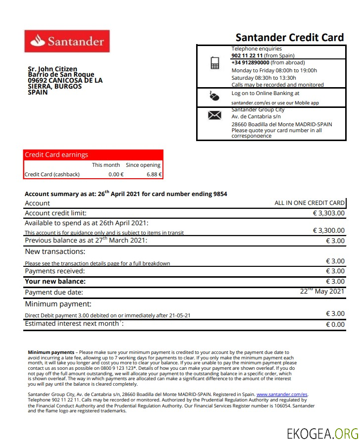 Espagne Santander 1 page excel pdf